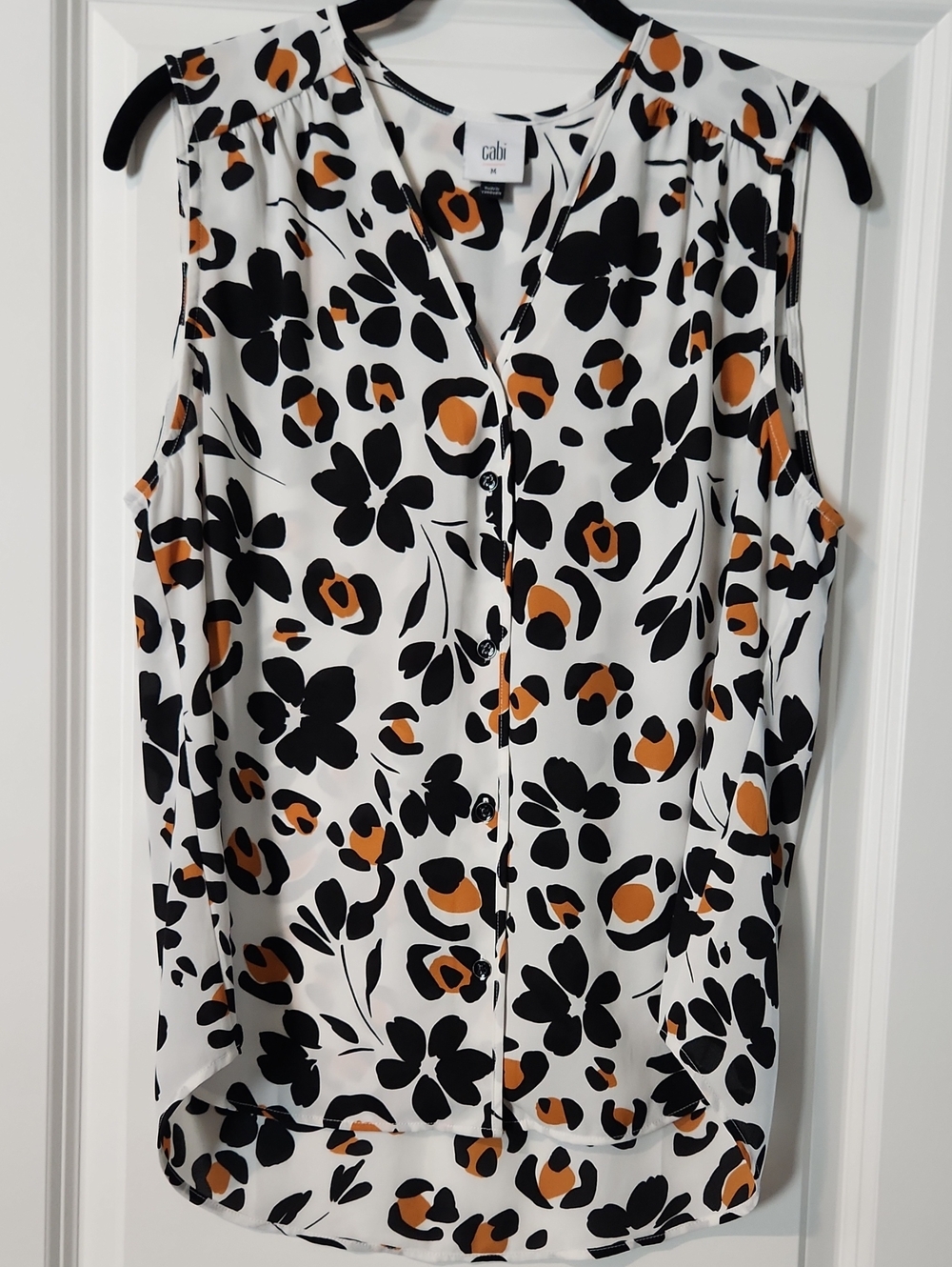 CAbi Sleeveless Floral Button-Front Top in White, Black & Orange
